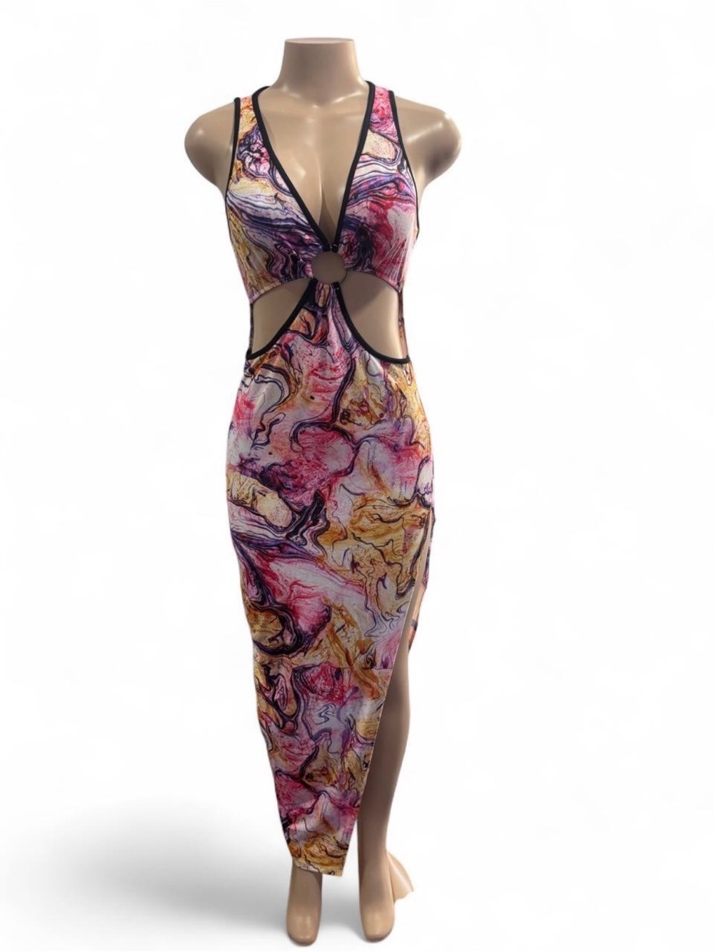 Fashion Nova Marble-Print Cutout Maxi Dress in Pink & Gold